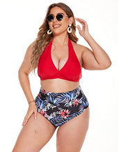 Load image into Gallery viewer, IN'VOLAND Womens Plus Size High Waisted Bikini Set High Rise Two Piece Swimsuits Halter Push Up Bathing Suits

