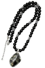 Load image into Gallery viewer, ElisaJewelryArt - Natural Emerald Crystal Pendant Black Onyx Stone Beaded Necklace Genuine Gemstone Unconditional Love Stone Clasp Closure Necklace Unisex Necklace (22.00, Dark Emerald)
