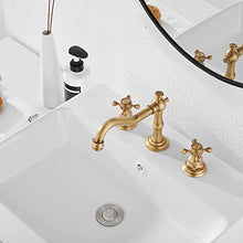 Load image into Gallery viewer, GGStudy 8 inch 2 Handles 3 Holes Widespread Bathroom Sink Faucet Antique Brass Bathroom Vanity Faucet Basin Mixer Tap Faucet Matching Metal Pop Up Drain with Overflow
