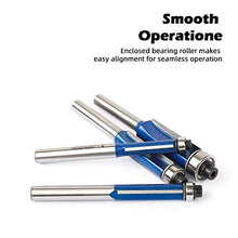 Load image into Gallery viewer, KOWOOD Plus Straight Flush Trim Router Bit Set, 1/4 Inch Shank, Top Bearing Flush Trim Bit Kit. Cutting Height in 1/4”, 5/16”, 3/8”, 1/2”. With updated Kowood C3 Carbide. Great for trim shelf edging, veneer or laminates. Ideal for work with a template to
