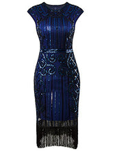Load image into Gallery viewer, Vijiv 1920s Vintage Inspired Sequin Embellished Fringe Long Gatsby Flapper Dress,Large,Blue
