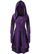 Load image into Gallery viewer, Gemijack Womens Renaissance Costumes Hooded Robe Lace Up Vintage Pullover High Low Long Hoodie Dress Cloak Purple
