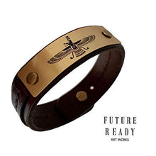 Load image into Gallery viewer, Future Faravahar Ahura Mazda Adjustable (3 size 7.5"-8"-8.4") Black Leather Bracelets Men Iran Jewelry Zoroastrian Antique Gold Color Iranian bracelet
