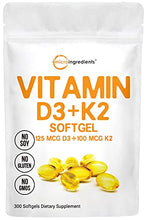Load image into Gallery viewer, Vitamin D3 5000IU Plus K2, 2 in 1 Formula, Vitamin D3 Liquid with Vitamin K2, 300 Soft-Gels, Immune Vitamin Complex with Sunflower Seed Oil, Support Your Heart, Teeth &amp; Joint Health, No GMO
