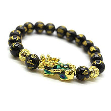 Load image into Gallery viewer, Feng Shui 10mm Hand Carved Mantra Bead Bracelet with Golden Coins Bead and Color Changed Pi Xiu/Pi Yao Attract Wealth and Good Luck
