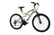 Load image into Gallery viewer, TITAN Pathfinder Elite, Green, Silver and White 26” Full Suspension Unisex MTB, high-tensile Steel Frame and Alloy Fork, V-Style Braking System, Double Wall Alloy Rims, 21 Speed Shimano Gear System.
