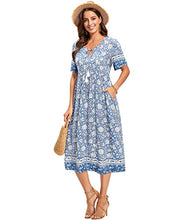 Load image into Gallery viewer, Arach&amp;Cloz Women's Boho Tie Neck Printed Short Sleeve Floral Summer Loose Tassels Casual Midi Dress with Pockets (Floral02,XL)
