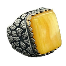 Load image into Gallery viewer, Men Silver Ring, Amber Stone Ring, Honey Amber Gemstone, Embroidered Ottoman Jewelry, 925 Sterling Silver Ring, Gifts for Him
