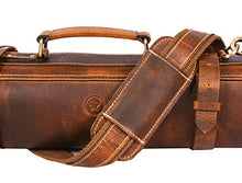 Load image into Gallery viewer, Leather Knife Roll Storage Bag | Elastic and Expandable 10 Pockets | 6 Leather Pocket | Adjustable/Detachable Shoulder Strap | Travel-Friendly Chef Knife Case Roll By Aaron Leather (Caramel, Leather)
