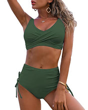 Load image into Gallery viewer, Fanuerg Women's Twist Front High Waisted Bikini Swimsuit Drawstring Tie Side Bottom Two Piece Bathing Suit Green XXL
