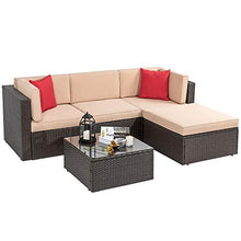 Load image into Gallery viewer, Shintenchi 5 Pieces Patio Furniture Sets Outdoor All-Weather Sectional Patio Sofa Set PE Rattan Manual Weaving Wicker Patio Conversation Set with Glass Table&amp;Ottoman Cushion and Red Pillows (Brown)
