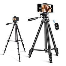 Load image into Gallery viewer, Phone Tripod, Torjim 50-inch Extendable and Lightweight Aluminum Tripod Stand with Bluetooth Remote Shutter, Phone Clip, Portable Travel Tripod for Photography, Video Recording, Vlogging, and More
