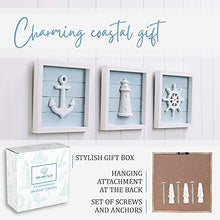 Load image into Gallery viewer, TideAndTales Nautical Wall Decor Set of 3 (7"x7") Rustic Beach Decor with 3D Anchor, Lighthouse and Ship Wheel | Wooden Beach Bathroom Decor | Ocean Coastal Theme Decorations for Home Nautical Gifts
