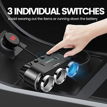 Load image into Gallery viewer, YANTU Cigarette Lighter Adapter 3 Socket Cigarette Lighter Splitter with LED Voltage Display Dual USB Car Charger On/Off Switches 12V Car Splitter Adapter Dashcam
