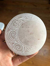Load image into Gallery viewer, 3" Selenite Charging Plate Etched with Crescent Moon Design, Highest Quality Selenite
