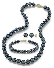 Load image into Gallery viewer, THE PEARL SOURCE 14K Gold 7-7.5mm Round Black Akoya Cultured Pearl Necklace, Bracelet &amp; Earrings Set in 17" Princess Length for Women
