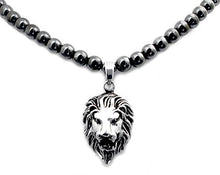 Load image into Gallery viewer, Accents Kingdom Men's Magnetic Hematite Round Bead Necklace with Stainless Steel Lion Head Pendant 22"
