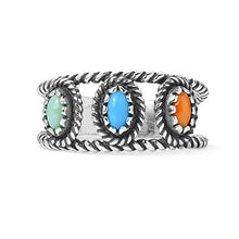 Load image into Gallery viewer, American West Sterling Silver Orange Spiny Oyster, Turquoise and Green Variscite Gemstone 3-Stone Band Ring Size 6
