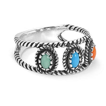 Load image into Gallery viewer, American West Sterling Silver Orange Spiny Oyster, Turquoise and Green Variscite Gemstone 3-Stone Band Ring Size 6

