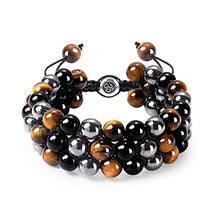 Load image into Gallery viewer, Triple Protection Bracelet 8mm Stone Beads Bracelet Healing Crystals Tigers Eye black Obsidian and Hematite Beads Bracelets for Men Women Bring Good Luck Prosperity (Three Yellow Bracelet)
