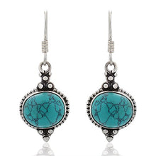 Load image into Gallery viewer, 925 Sterling Silver Blue Turquoise Gemstone Indian Inspired Vintage Oval Dangle Hook Earrings 1.5"
