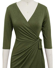 Load image into Gallery viewer, Berydress Women's 3/4 Sleeve V-Neck Draped Faux Wrap Sheath Knee-Length Solid Stretchy Cotton Business Wear to Work Dress (S, 6083-Army Green)

