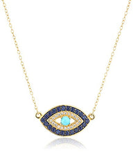 Load image into Gallery viewer, 18k Yellow Gold Plated Sterling Silver Stabilized Turquoise with Created Blue and White Sapphire Evil Eye Necklace, 18"
