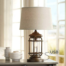 Load image into Gallery viewer, Andreas Industrial Table Lamp with Nightlight and USB Port Brown Metal Oatmeal Fabric Tapered Drum Shade Antique LED Edison Bulb for Living Room Bedroom Bedside Nightstand Office - Franklin Iron Works
