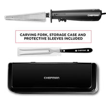 Load image into Gallery viewer, Chefman Electric Knife with Bonus Carving Fork &amp; Space Saving Storage Case Included One Touch, Durable 8 Inch Stainless Steel Blades, Rubberized Black Handle, BPA Free, 120 Volts and Watts
