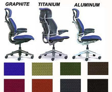 Load image into Gallery viewer, Freedom HumanScale Gel Chair F213 with Headrest New Gel Seat Graphite Wave Fabric Advanced Height Adjustable Duron Arms Standard Chair Height Titanium Frame with Soft Hard Floor Casters
