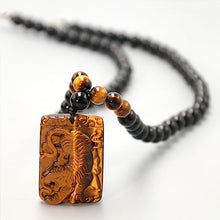 Load image into Gallery viewer, Natural Crystal Tigers Eye Necklace - Black Obsidian Beaded Protection Necklace, Hand Carved Tiger Necklace Lucky Amulet Gift for Men
