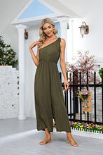 Load image into Gallery viewer, BUENOS NINOS Jumpuits for women one shoulder Adjustable Spaghetti Strap Waist elastic jumpsuits with Pockets S One Shoulder Army green

