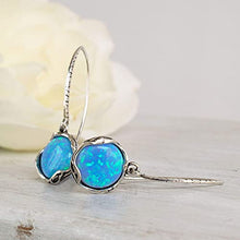 Load image into Gallery viewer, 925 Sterling Silver Blue Opal Dangle Earrings For Women; Vintage Style Blue Opal October Birthstone Jewelry for Women; Dangling Light Blue Stone Earrings
