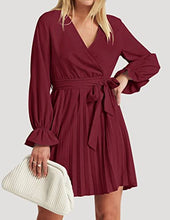 Load image into Gallery viewer, ZESICA Women's Sevy V Neck Long Sleeve Pleated A Line Wedding Cocktail Party Mini Dress with Belt,Wine,Small

