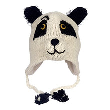 Load image into Gallery viewer, Hand Knitted Woolly Hat | Panda | Fun Wool Knit Fleece Lined Animal Hat for Men and Women | One Size Fits All | Wooly Winter Cap with Ear Warmers and Tassels
