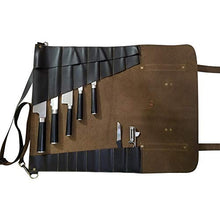 Load image into Gallery viewer, chef knife bag |Travel-Friendly Chef Knife Wrap Bag | Genuine Leather Knife Roll | Storage Bag Handles Carry Case Kitchen | travel bag knives holder | for professional Chefs | KB004 (Dark Brown)
