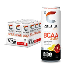 Load image into Gallery viewer, CELSIUS BCAA +Energy Sparkling Post-Workout Recovery &amp; Hydration Drink, Slim Can, Blood Orange Lemonade, 12oz (Pack of 12), 144 Fl Oz
