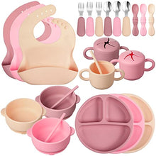 Load image into Gallery viewer, 24 Pack Silicone Baby Feeding Set Baby Led Weaning Supplies Includes Suction Divided Plates Soft Bowl Spoons Forks Adjustable Bib Snack Cup and Straws for Baby Eating (Pink, Dark Pink, Nude)
