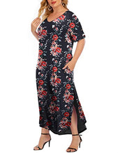 Load image into Gallery viewer, GXLU Women's Plus Size Summer Black Maxi Dresses Short Sleeve Casual Loose Plain Split Beach Party Mother of The Bride Long Dress with Pockets Floral Print Black 4X
