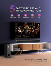 Load image into Gallery viewer, Soundbar for TV, Bomaker 190W 2.1 TV Sound Bar with Subwoofer, 125dB, 6 EQ Modes, LED Display Off, 5 Bass Adjustable Surround Sound for Home Theater, 4K &amp; HD TV, HDMI/Optical/AUX/USB, Wall Mountable
