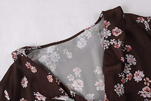 Load image into Gallery viewer, Womens Floral Chiffon Tops V Neck Bell Long Sleeve Shirts Ruffle Wrap Tie Waist Knot Blouses Brown
