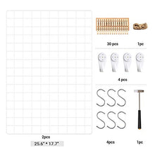 Load image into Gallery viewer, SONGMICS Grid, Set of 2, 25.6" x 17.7", Photo Display, Metal Mesh Decor, Multifunctional Hanging Picture Wall, DIY, S Hook, Clips, Hemp Cord, White , 25.6”L x 17.7”W
