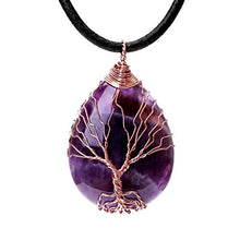 Load image into Gallery viewer, Tree of Life Teardrop Heart Amethyst Crystal  Pendant Necklace Copper Wire Wrapped Gemstone Healing Chakra Necklace Choker Mothers Day Gifts 18"

