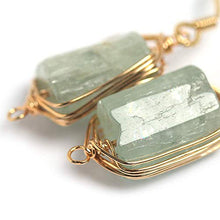 Load image into Gallery viewer, Natural Stone Wire Wrap Dangle Drop Earrings Gold Plated 925 Sterling Silver Hook/Green Kyanite Rough Square
