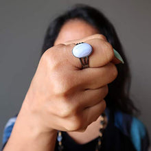 Load image into Gallery viewer, Agate Blue Lace Ring 4-10 Boutique Adjustable Metal Cool Blue Banded Gemstone Oval Crystal B02 (Gunmetal 14x10)
