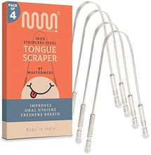 Load image into Gallery viewer, 4 Pack Metal Tongue Scraper, Medical Grade 100% Stainless Steel Tounge Scraper Cleaner for Oral Care, Easy to Use Tongue Cleaner for Hygiene, Bad Breath Treatment for Adults &amp; Kids
