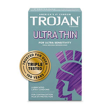 Load image into Gallery viewer, Trojan Condom Sensitivity Ultra Thin Spermicidal, 12 Count (Packaging May Vary)
