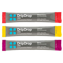 Load image into Gallery viewer, DripDrop ORS – Patented Electrolyte Powder for Dehydration Relief Fast - For Workout, Hangover, Illness, Sweating &amp; Travel Recovery - Watermelon, Berry, Lemon Variety Pack - 32 Servings (11.29 oz)
