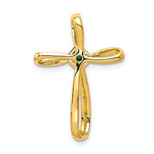 Load image into Gallery viewer, Solid 14k Yellow Gold Two Toned Lab Created Emerald Green May Gemstone and Diamond Cross Pendant Charm
