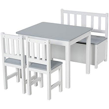 Load image into Gallery viewer, Qaba 4-Piece Set Kids Wood Table Chair Bench with Storage Function Toddlers Age 3 Years up, Grey and White
